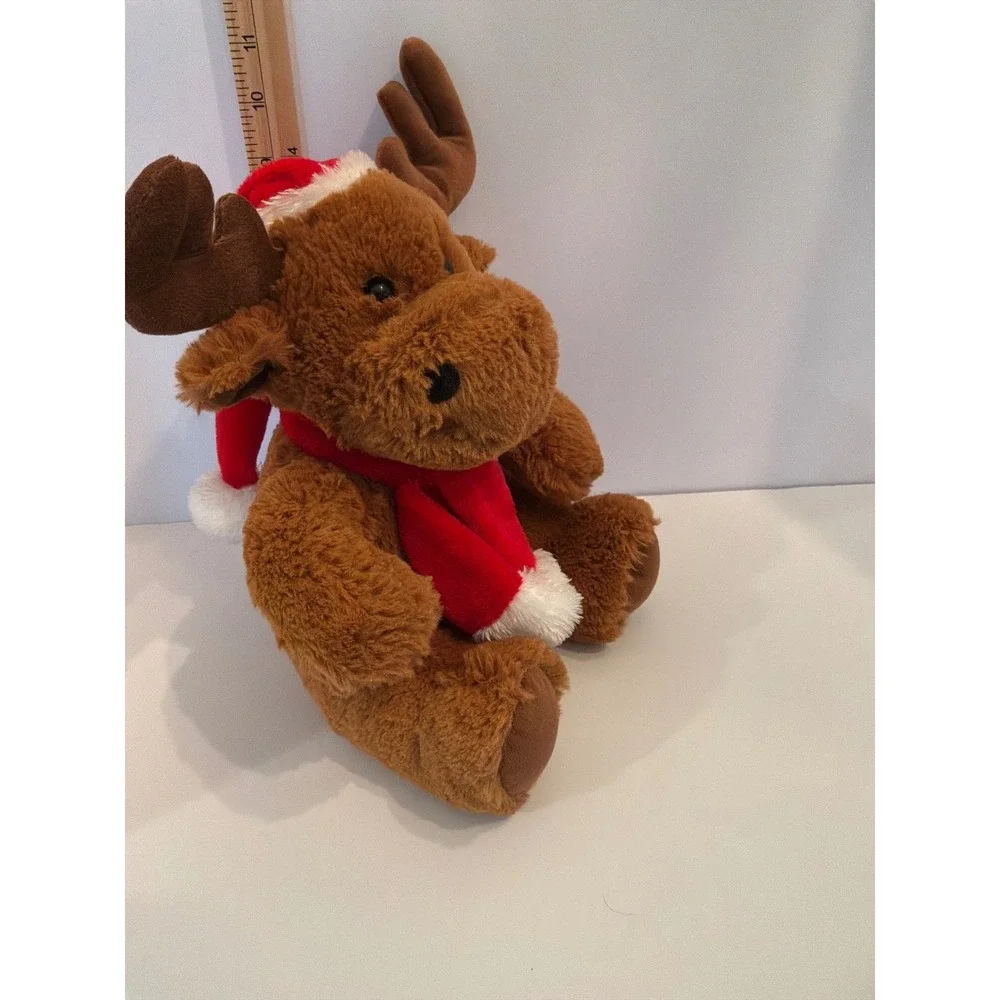 Plush Moose Stuffed Animal Christmas Holiday Santa Hat‎ Scarf Soft Brown